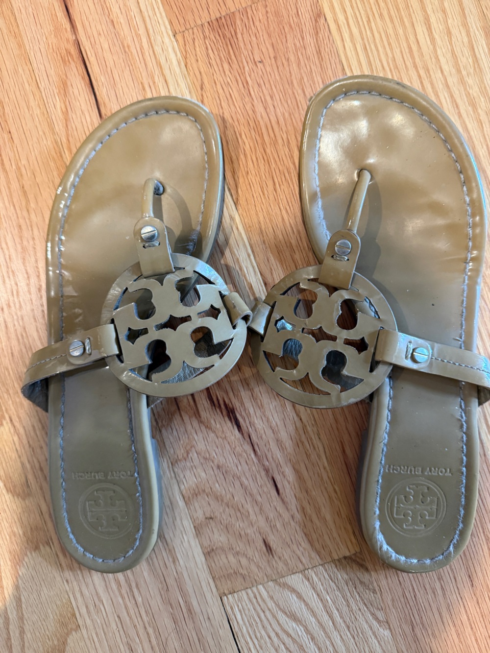 Tory Burch Nude Patent Logo Thong Sandals